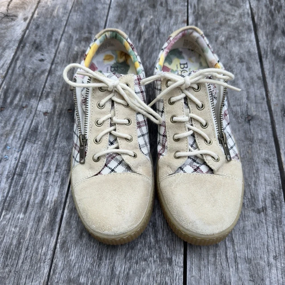 Women's BORN‎ Tamara Plaid Checkered Leather Zip Sneakers-Tan-Size 8.5